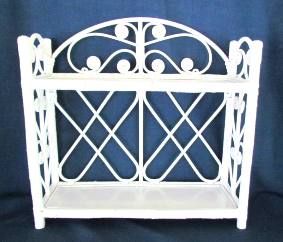 VINTAGE WICKER RATTAN BAMBOO 2 SHELF UNIT   HANGING OR COUNTERTOP WHITE - Image 1 of 4