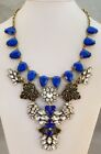 Large Faux Stone Colorful Blue Brass Tone Bib Statement Runway Necklace
