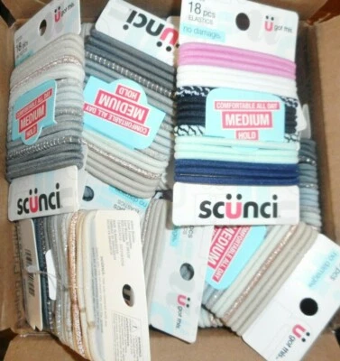 LOTE DE 50 PACKS SCUNCI DE 18 ELÁSTICOS PARA EL CABELLO 2 DISEÑOS SUJECIÓN MEDIA Foto 1 de 2