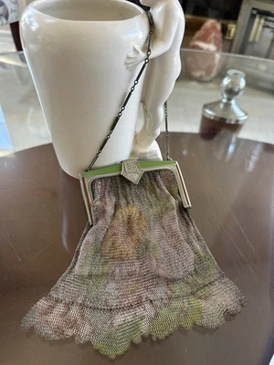 古董德累斯顿 Whiting & Davis 搪瓷网眼翻盖钱包银色艺术装饰 — 第 1/4 张图片