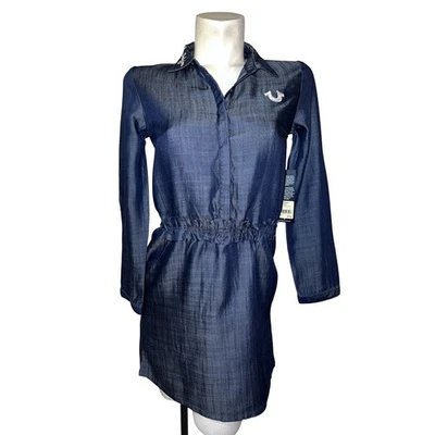 Новый истинной религии женщин джинсовой ткани рубашка платье эластичный пояс длинным рукавом с воротником - Изображение 1 из 4