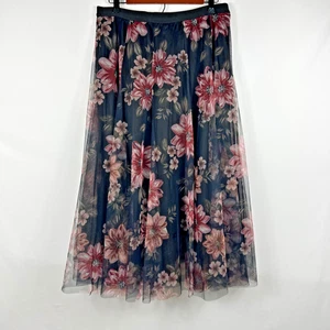 Dark Floral Mesh Tulle Midi Skirt XL Black Pink Fairygoth Whimsigoth Lined - Picture 1 of 8