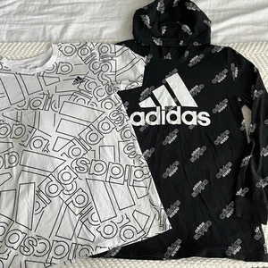 2 Adidas Black and White Short & Long Sleeve Tees with Logo Patterns Sz. L-14/16 - Picture 1 of 8