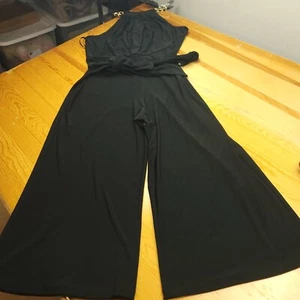 New WHBM Womens 12 Petite Black Halter Gold Chain Accent Jumpsuit Wide Leg Belt - Picture 1 of 12