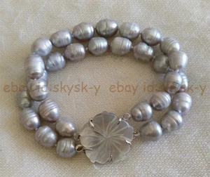 2 Rows Natural Silver Gray Freshwater Baroque Rice Pearl Bracelet Flower Clasp - Picture 1 of 10