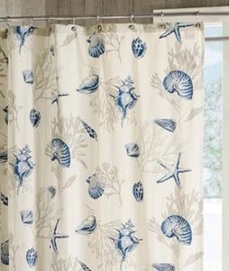 BLUE SHELLS SHOWER CURTAIN 72" :  COASTAL SEA SHELL CORAL STARFISH  BEACH HOUSE - Picture 1 of 3