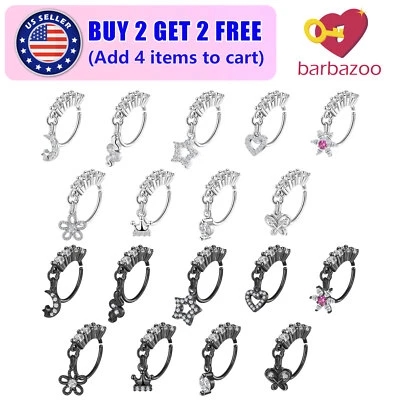 20G Surgical Steel Dangle Nose Ring for Women Dainty Flower Nose Hoop Piercing - Image 1 of 4