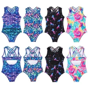Kids Girls Swimsuit Costume Swimwear Gymnastics Beachwear One Piece Bikini Yoga - Picture 1 of 28