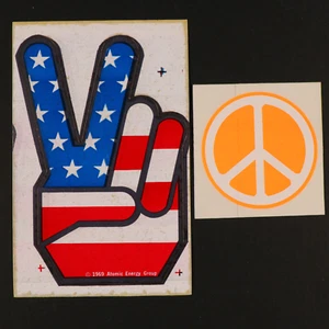 1969 American Flag Peace Symbol and Hand Vintage Sticker Atomic Energy Group - Picture 1 of 6