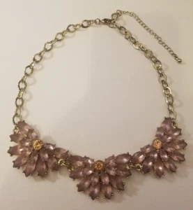 Pink Rhinestone Floral Statement Necklace Gold-Tone Holidays Party 21" - Picture 1 of 3