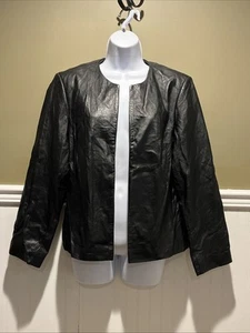 Preston & York Premiere Women Black Open Front Genuine Leather Blazer Jacket 12 - Picture 1 of 7
