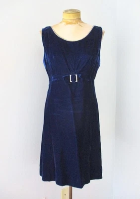 Vtg 60s Mod Midnight Blue Velvet Empire Waist Dress Rhinestone Neckline Bow M - Image 1 of 4