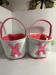 Material Bunny Easter Basket Set Of 2 Pink And Fuzzy White Tail Bunny - Picture 1 of 10