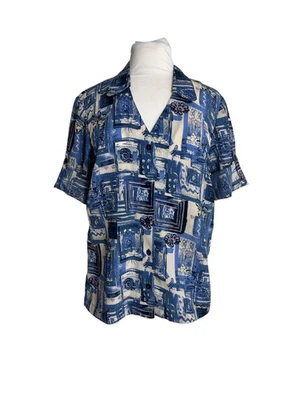 Blusa Pequeña Vintage Donnkenny Petite Manga Corta Botón Frontal Azul Floral Top Foto 1 de 4