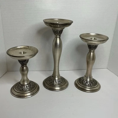 Pottery Barn Candlestick Three Primitive Farmhouse English Cottage Silver tone - Image 1 of 4
