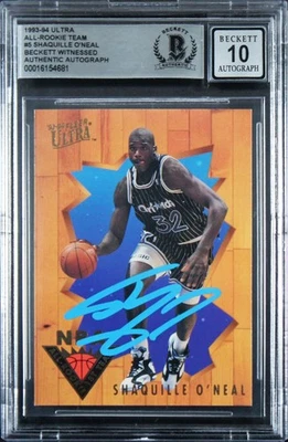 Magic Shaquille O'Neal Firmado 1993 Ultra AR Equipo #5 Tarjeta Automática 10! Losa BAS Foto 1 de 2