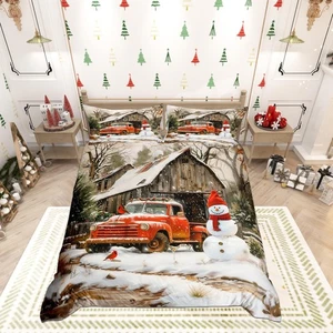 Merry Christmas Duvet Cover Set King Size,Rustic Farmhouse Barn Red Truck Pri... - Bild 1 von 8