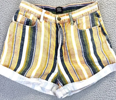 "Pantalones cortos BDG para mujer mamá tiro alto a rayas con puños azul verde amarillo talla 28""" Foto 1 de 4