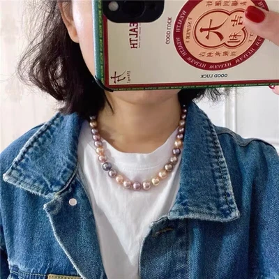 gorgeous  10-13mm south sea round lavender multicolor pearl necklace 925s(T) - Image 1 of 4