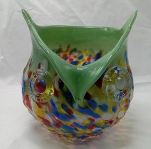 Vintage Kunst Glas Eule Vase mundgeblasen bunt Konfetti hellgrün MCM - Bild 1 von 10