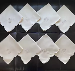 Vintage Cloth Napkins Beige Scalloped Sateen Embroidered 17x17 Square Set of 8 - Picture 1 of 7