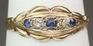Gorgeous Vintage Mid Century Estate 9K Gold Sapphire Diamond Scrolling Ring 7.75 - Picture 1 of 12