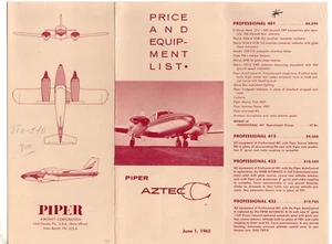 Aviación Vintage 1965 Piper Aztec C promoción folleto precio lista de equipos aviones - Imagen 1 de 2