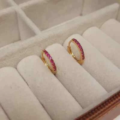 0.30CT Round Cut Simulated Red Ruby Women's Hoop Earrings 14K Yellow Gold Plated - Image 1 of 4