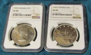 1961 & 1962 CANADA SILVER $1 DOLLARS..BOTH NGC PL-65..2 COIN LOT. - Picture 1 of 10