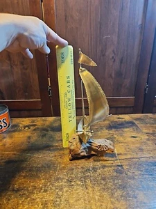 Brass Sail Boat Metal Sculpture on Wood Base Vintage signed DJM #T11 - Picture 1 of 11