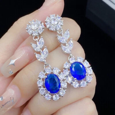 New Cute Flower Sapphire Blue Topaz Gemstone Charm Women Silver Dangle Earring - Image 1 of 4