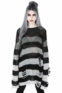 Killstar Grady Knit Distressed Oversized Striped Gothic Punk Sweater KSRA001143 - Picture 1 of 5