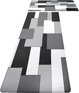 White Grey Black Kitchen Rugs and Mats Set of 2 Modern Abstract Art Cushioned an - Picture 1 of 7
