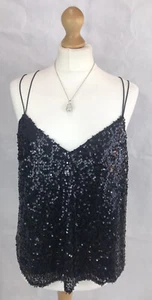 New Look Black Sequin Glitzy Spaghetti Strap Cami Top UK12 Evening Occasion A37 - Picture 1 of 12