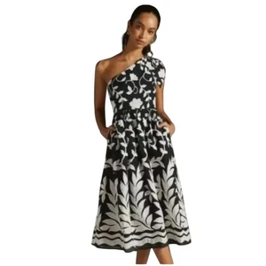 Anthropologie Black White Floral One Shoulder Midi Dress Size 0 Pockets - Picture 1 of 8
