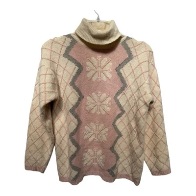 Suéter De Colección Jeanne Pierre Años 80 Lana de Cordero Angora Cuentas Copo de Nieve Rosa Marfil Med Foto 1 de 4