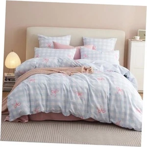 Duvet Cover King Size Blue Plaid Pink Bowknot Comforter Cover Soft & - Picture 1 of 8