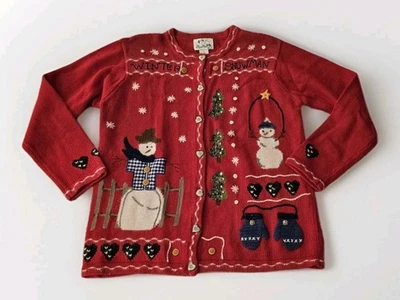 QUAKER FACTORY Christmas Winter Snowman Cardigan Ugly Sweater Small Red Holiday - Image 1 of 4