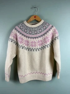 VTG Eddie Bauer Sweater MED Icelandic Fair Isle Womens Roundneck Wool Pink Snow - Picture 1 of 9