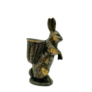 VTG Solid Brass Bunny Rabbit Figurine W Basket 5.5” Match Holder Edwardian Decor - Picture 1 of 9