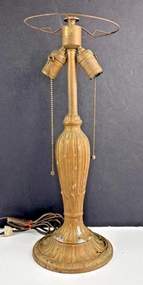 Antique 20” Rainaud Cast Iron Metal 2 Bulb Pull Chain Table Lamp w/Shade Holder - Image 1 of 4