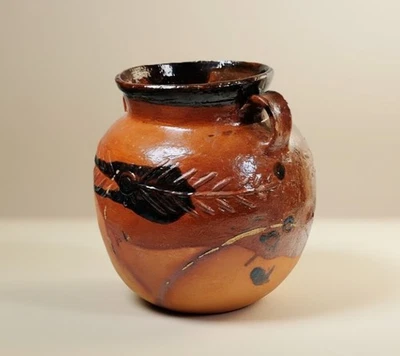 Antique Redware Crock Urn 9.25" Concave Indent Hand Thrown PA Dutch Primitive - Image 1 of 4