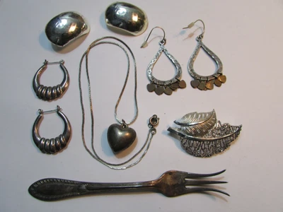 Brincos broche garfo prata esterlina maciça vintage 925 + lote sem sucata 42 gramas - Imagem 1 de 4