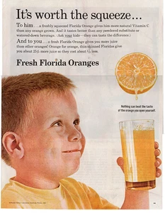 1963 Florida Orangen Vintage 1960er Zeitschriftenanzeige süßer Junge mit Orangensaft ~ Wandkunst - Bild 1 von 1