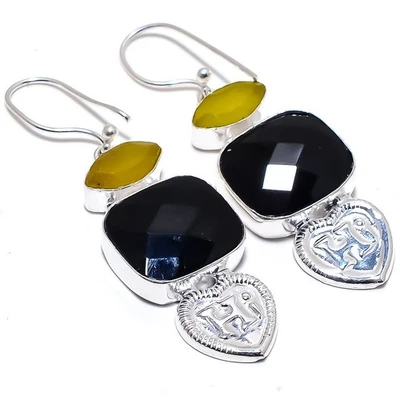 Onice Nera , Gemma Fatto a Mano 925 Argento Sterling Gioielli Orecchino 6.1cm - Immagine 1 di 4