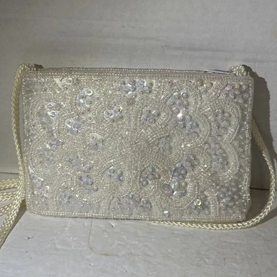 Vintage La Regale Iridescent Sequins And Pearls Crossbody Evening Bag Handmade - Image 1 of 4