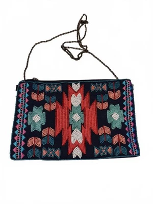STEVEN Beaded Aztec Front Blue Pink Clutch Zip crossbody purse - Image 1 of 4