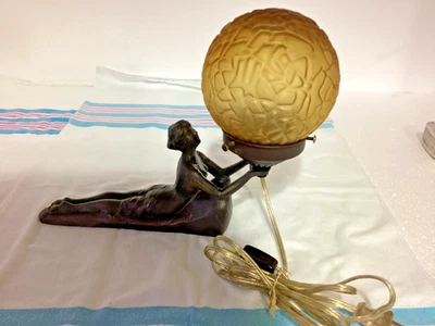 Antique ~ Bronze Deco Reclining Lady with Amber Brain Shade    #4685 - Image 1 of 4
