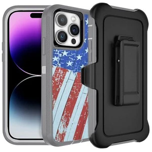 For iPhone 13 / 13 Pro / 13 Pro Max / Defender Case With Belt Clip USA Flag - Picture 1 of 5