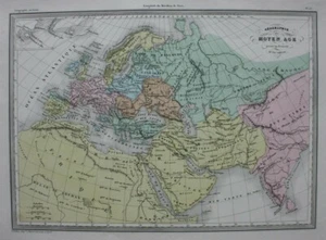 MUNDO CONOCIDO SIGLO IX, EUROPA, ASIA, mapa antiguo original, Malte-Brun, c.1882 - Imagen 1 de 5